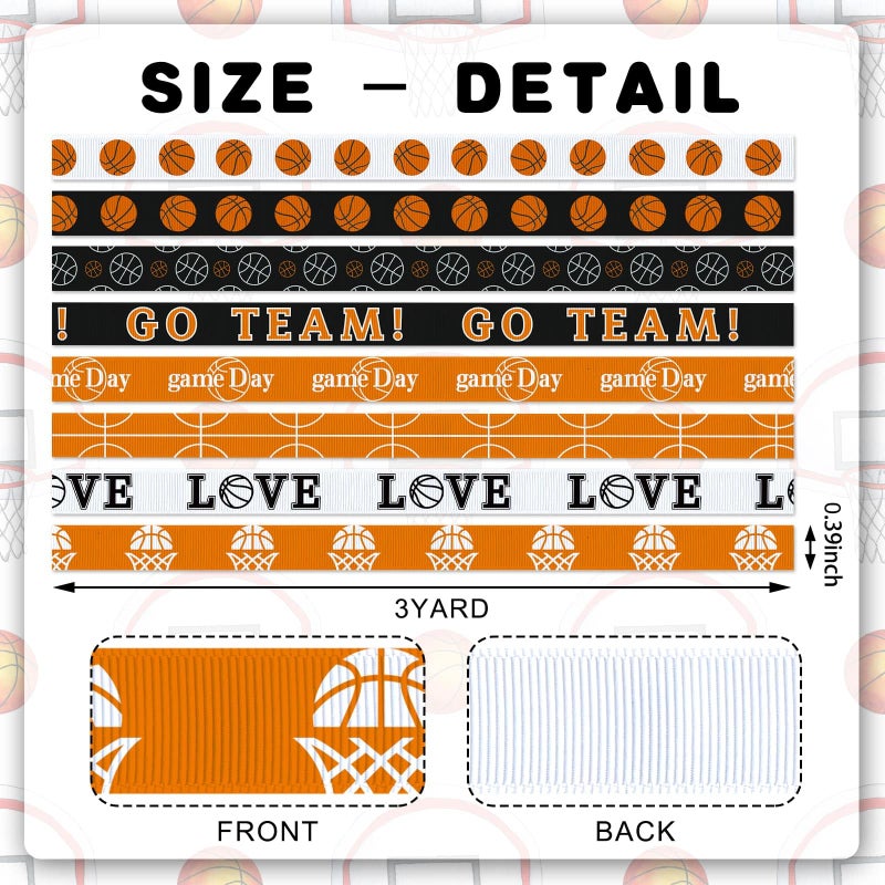 YKW Basketball Ribbons Set, 8 Rolls x 3 Yards Each, 3/8" Wide Grosgrain Ribbons for Gift Wrapping, Party Decor, DIY Crafts - Sports Themed Supplies for Home & Events - Image 2