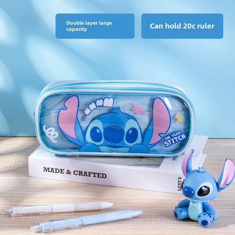Multifunctional Large Capacity Double-Layer Transparent Pencil Case with Cartoon Characters blue stilly