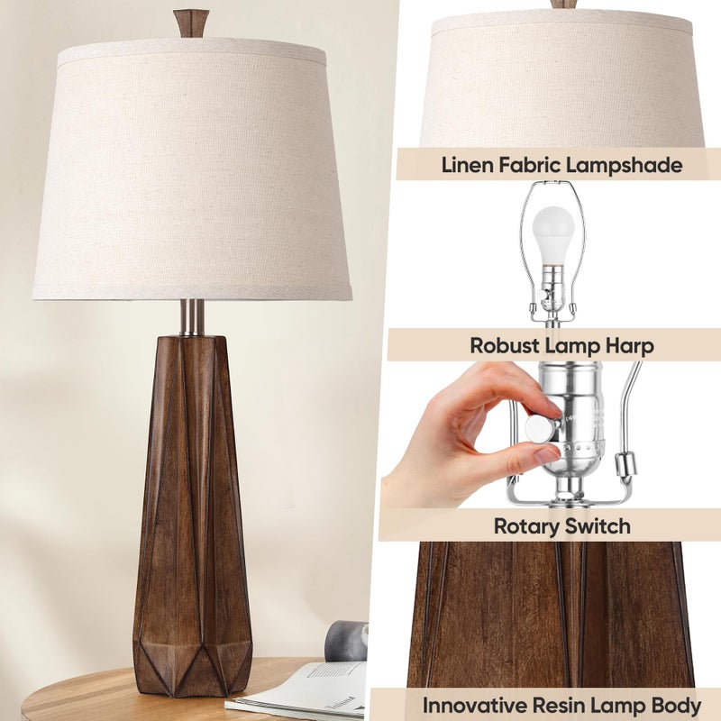WIHTU 3 Color Temperature Table Lamps Set of 2, Beside Lamp with Linen Shade, 27'' Wood Grain Color Modern Table Lamp for Living Room, Resin Desk Lamp for Nightstands Bedroom Decor (2 Bulbs Included) - Image 3