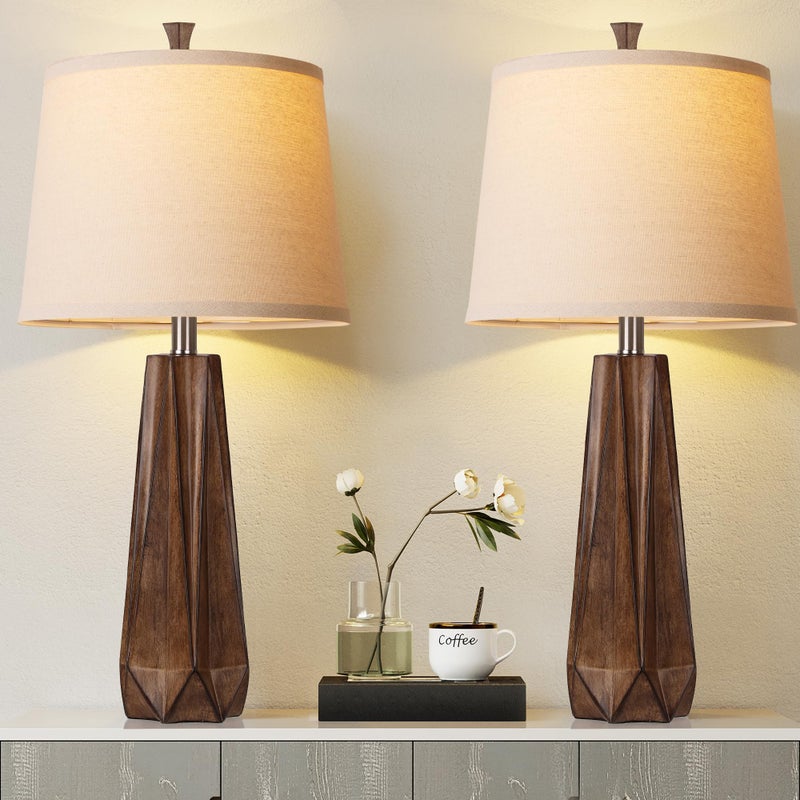 WIHTU 3 Color Temperature Table Lamps Set of 2, Beside Lamp with Linen Shade, 27'' Wood Grain Color Modern Table Lamp for Living Room, Resin Desk Lamp for Nightstands Bedroom Decor (2 Bulbs Included) - Image 1