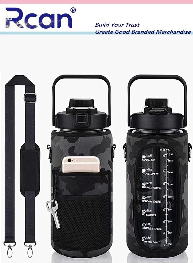Rcan Portable Plastic Water Bottle with Straw and Handle Lid Large Capacity Water Cup with Time Marker Crossbody Carrier Strap Insulated Cloth Cup Bag Reusable Sports Drinking Bottle for Men and Women - Image 1