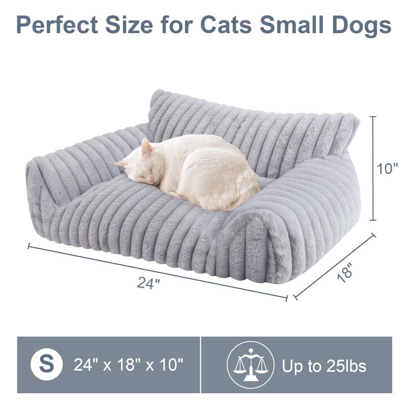 Wn's Day Cute Cat Couch Bed for Indoor Cats, Fluffy Pet Cat Sofa with Premium Soft Corduroy Fleece, Cute Small Dog Beds for Small Dogs, Fuzzy Puppy Chair with Removable Washable Cover (24x18x10,Grey) - Image 5