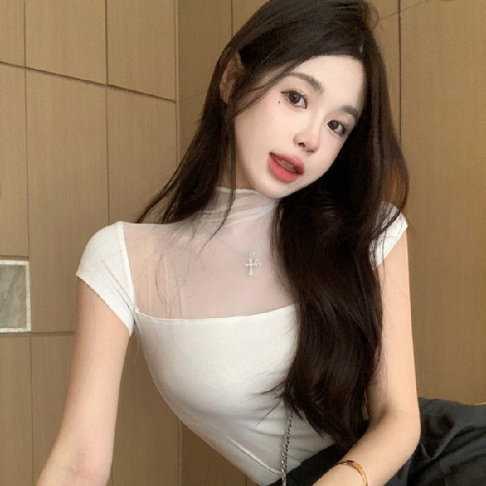 Official Figure Real Price Mesh Stitching Square Collar T-shirt Women's Summer Design Sense Nightclub Top Hot Girl Slim-fit Short-sleeve Base Shirt - Image 1