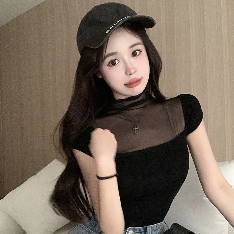 Official Figure Real Price Mesh Stitching Square Collar T-shirt Women's Summer Design Sense Nightclub Top Hot Girl Slim-fit Short-sleeve Base Shirt - Image 2