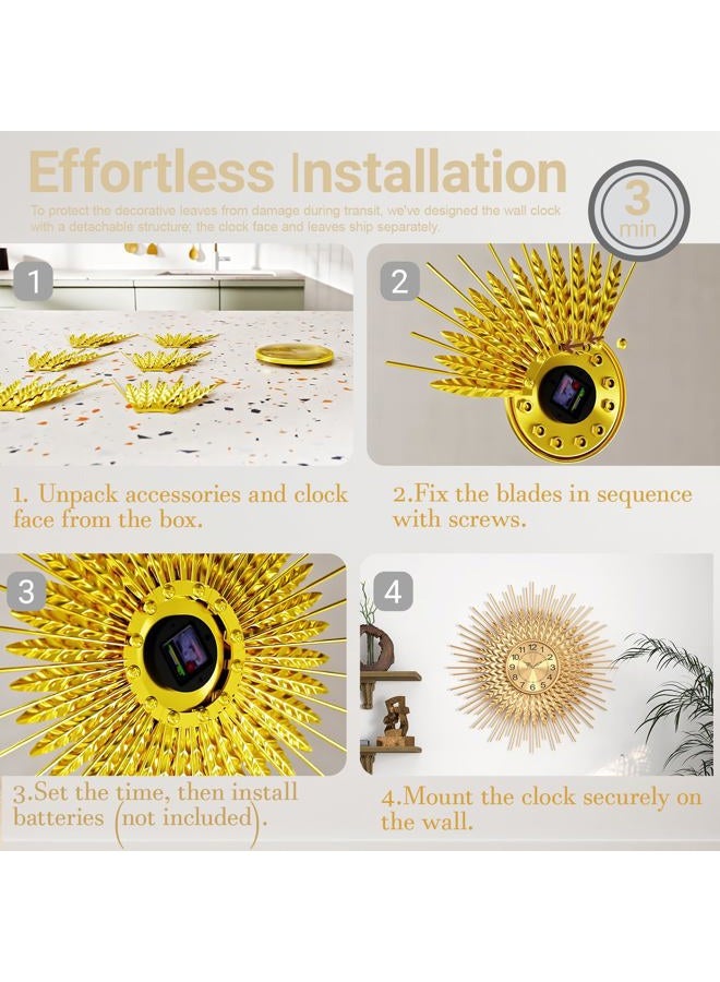 DAYDAYART Large Mid Century Gold Wall Clock Decorative Modern Sunburst Wall Clocks, Metal Big Silent Non-Ticking Clock, Luxury Home Gift Decor for Living Room, Bedroom, Dining Room, 24 inch - Image 4