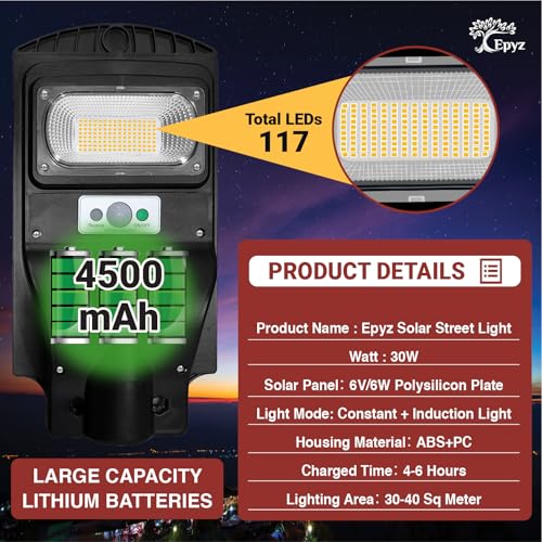 Epyz 30 Watt Solar Street Light Outdoor Waterproof with Motion Sensor for Garden, Street, Lawn [ with Out Pole ] [ Pack of 1, Warm Yellow, 117LED ] - Image 5