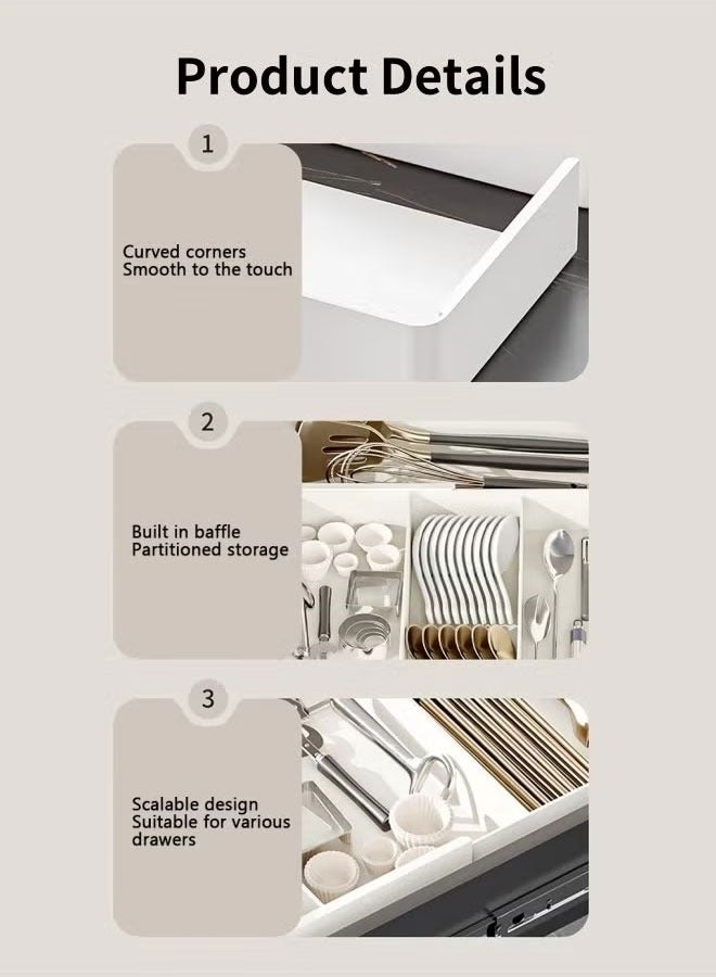 منظم أدوات المائدة، منظم درج أدوات المائدة القابل للتوسيع، منظم درج أدوات المائدة القابل للتعديل، أدوات المائدة، صينية أدوات المائدة للملاعق والشوك والسكاكين ومنظمات المطبخ للتخزين (أبيض - 3 أقسام و4 جوانب) - Image 3