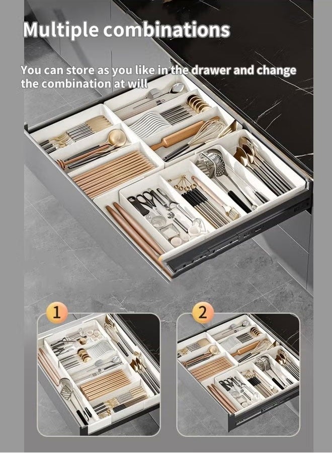 منظم أدوات المائدة، منظم درج أدوات المائدة القابل للتوسيع، منظم درج أدوات المائدة القابل للتعديل، أدوات المائدة، صينية أدوات المائدة للملاعق والشوك والسكاكين ومنظمات المطبخ للتخزين (أبيض - 3 أقسام و4 جوانب) - Image 4