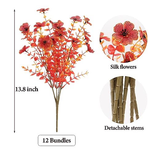 ATTGREAT Artificial Fall Flowers Outdoor UV Resistant Fake Mums Bulk Outdoor Faux Mums Plants Plastic Flower Decorations for Home Garden Porch Hanging Planter Vase Autumn Decor Outside, 12 Bundles (Orange) - Image 2