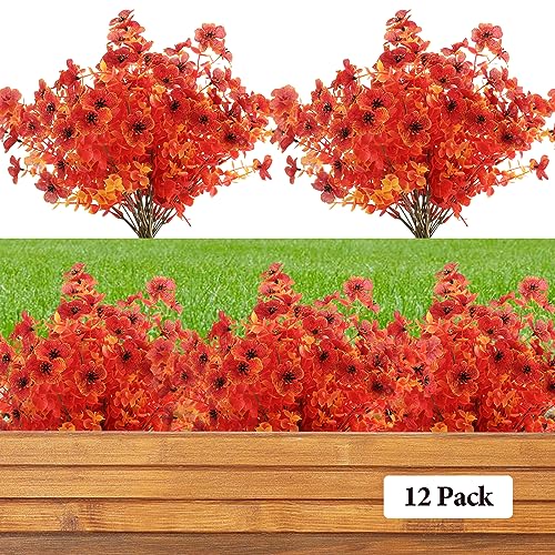 ATTGREAT Artificial Fall Flowers Outdoor UV Resistant Fake Mums Bulk Outdoor Faux Mums Plants Plastic Flower Decorations for Home Garden Porch Hanging Planter Vase Autumn Decor Outside, 12 Bundles (Orange) - Image 4