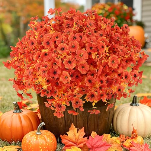 ATTGREAT Artificial Fall Flowers Outdoor UV Resistant Fake Mums Bulk Outdoor Faux Mums Plants Plastic Flower Decorations for Home Garden Porch Hanging Planter Vase Autumn Decor Outside, 12 Bundles (Orange) - Image 1