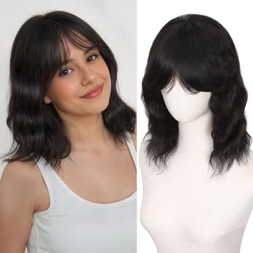 WIGNEE Women's Natural Black 12 Inch Wavy Human Hair Wig with Bangs - Image 1