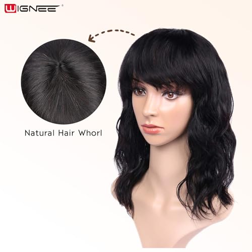 WIGNEE Women's Natural Black 12 Inch Wavy Human Hair Wig with Bangs - Image 3