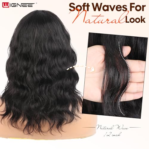 WIGNEE Women's Natural Black 12 Inch Wavy Human Hair Wig with Bangs - Image 4