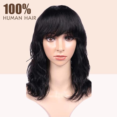WIGNEE Women's Natural Black 12 Inch Wavy Human Hair Wig with Bangs - Image 2