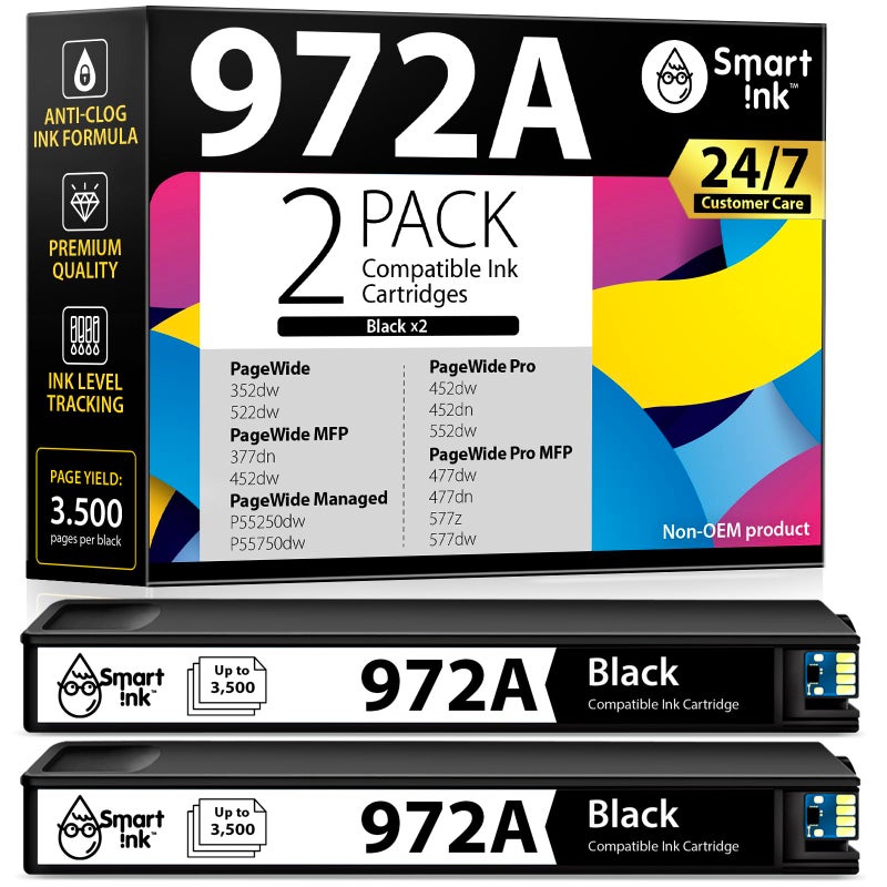 Smart Ink Compatible Ink Cartridge Replacement for HP 972A 972 A Set of 2 Black Combo Pack to use with HP PageWide Pro 477dw 577dw 452dw 477dn 452dn 577z 552dw 377dw P55250dw Printer