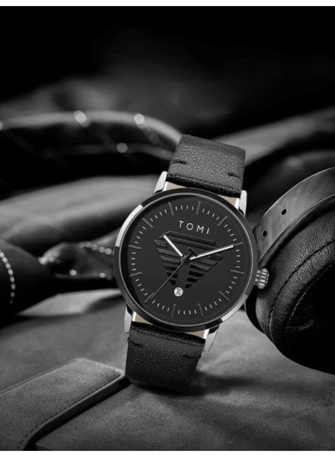 TOMI Men's Stylish Minimalist Watch, Black Analog Quartz Wristwatch with Sub-dial, All-Black Case and Leather-Look Strap - Modern & Sleek - Image 1