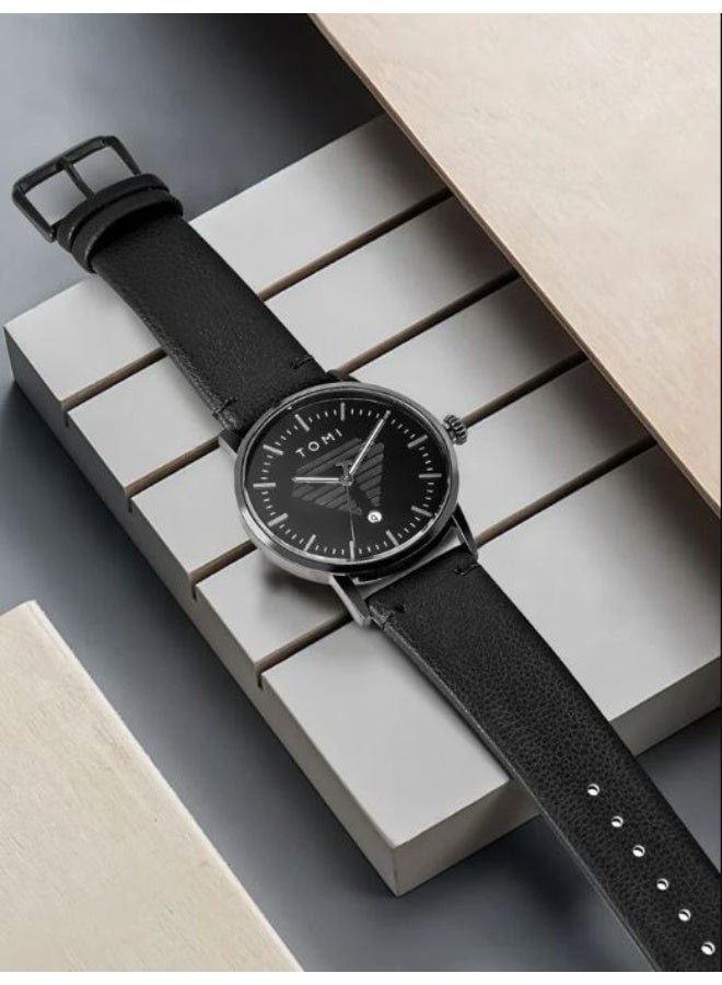 TOMI Men's Stylish Minimalist Watch, Black Analog Quartz Wristwatch with Sub-dial, All-Black Case and Leather-Look Strap - Modern & Sleek - Image 4