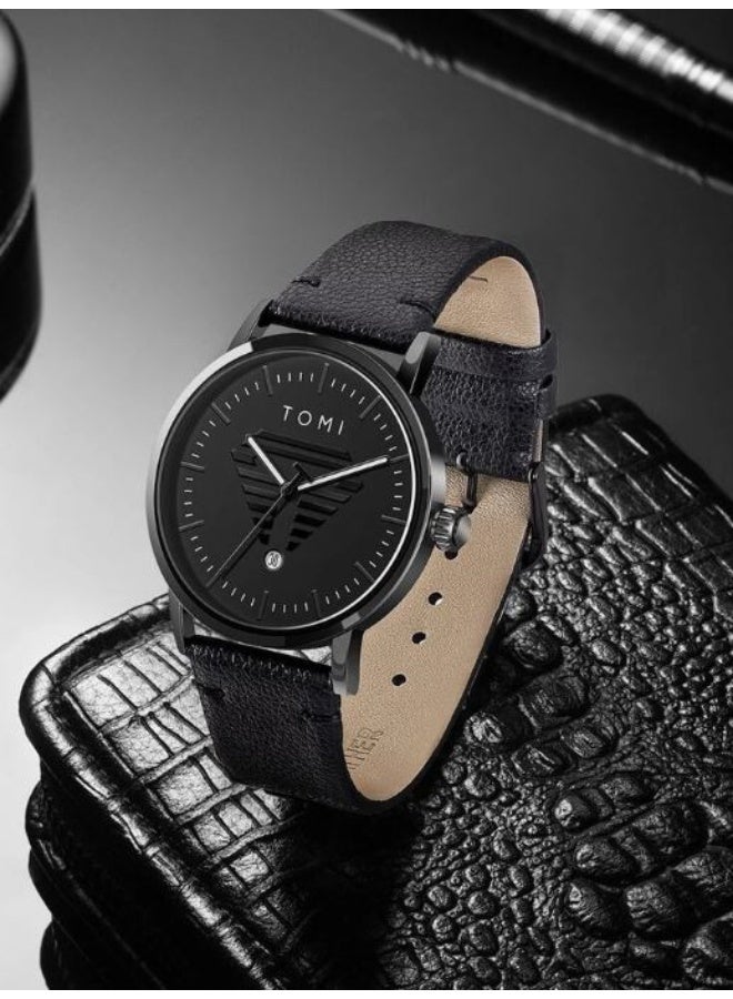 TOMI Men's Stylish Minimalist Watch, Black Analog Quartz Wristwatch with Sub-dial, All-Black Case and Leather-Look Strap - Modern & Sleek - Image 2