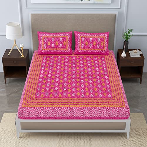 SheetKart Jaipuri Traditonal Sanganeri Print 144 TC Cotton Double Bedsheet with 2 Pillow Covers, Pink - Image 5