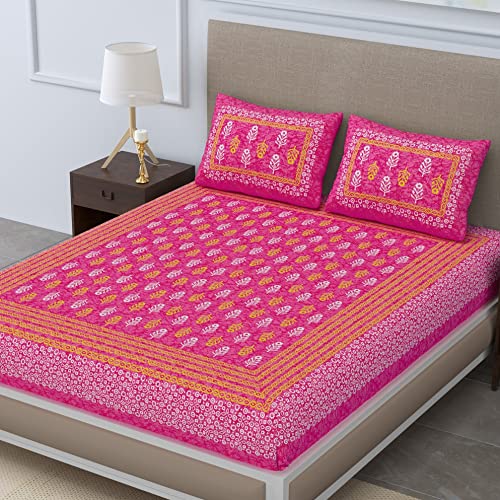 SheetKart Jaipuri Traditonal Sanganeri Print 144 TC Cotton Double Bedsheet with 2 Pillow Covers, Pink - Image 3