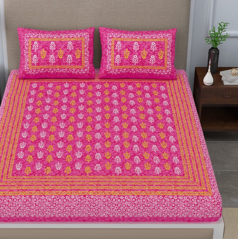 SheetKart Jaipuri Traditonal Sanganeri Print 144 TC Cotton Double Bedsheet with 2 Pillow Covers, Pink - Image 2