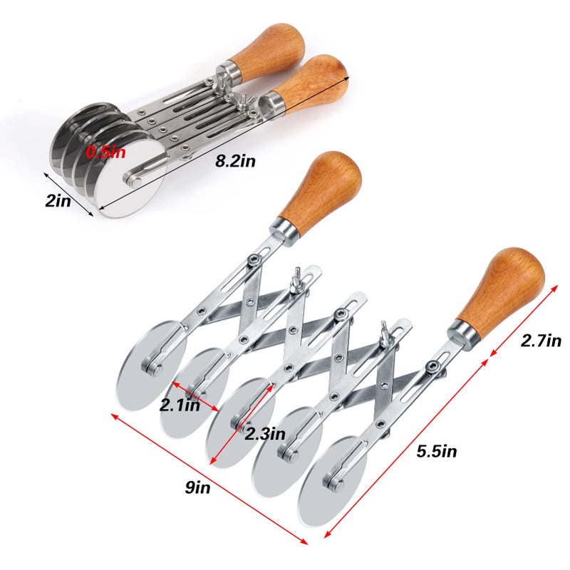 Juome 5 Wheel Pastry Cutter with Wooden Handle, Multi-Round Wheel Pasta Dough Cutter Roller Pizza Slicer Accordion Pastry Knife Divider Tool - Image 5