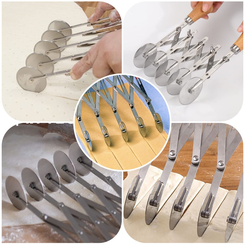 Juome 5 Wheel Pastry Cutter with Wooden Handle, Multi-Round Wheel Pasta Dough Cutter Roller Pizza Slicer Accordion Pastry Knife Divider Tool - Image 3