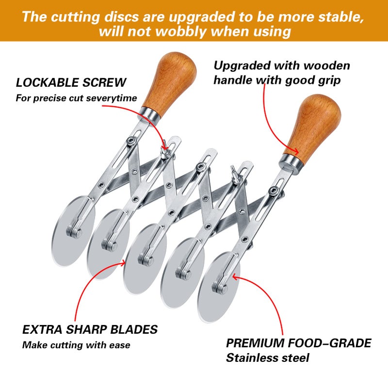 Juome 5 Wheel Pastry Cutter with Wooden Handle, Multi-Round Wheel Pasta Dough Cutter Roller Pizza Slicer Accordion Pastry Knife Divider Tool - Image 2