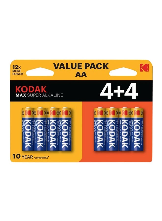 كوداك 8 قطع بطاريات قلوية من النوع ماكس سوبر AA قلم بثمنية قطع باللونين الأزرق والأصفر 2.5 × 14.4 × 12.4 سم KOD010