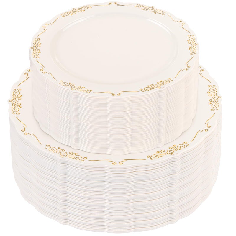 U-QE 100 PCS Ivory Plastic Plates with Gold Rim - Gold Plastic Plates for Party - Heavy Duty Plastic Plates Disposable Use Including 50 Dinner Plates 10 '' & 50 Dessert Plates 7.5 '' - Image 1