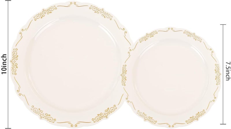U-QE 100 PCS Ivory Plastic Plates with Gold Rim - Gold Plastic Plates for Party - Heavy Duty Plastic Plates Disposable Use Including 50 Dinner Plates 10 '' & 50 Dessert Plates 7.5 '' - Image 2