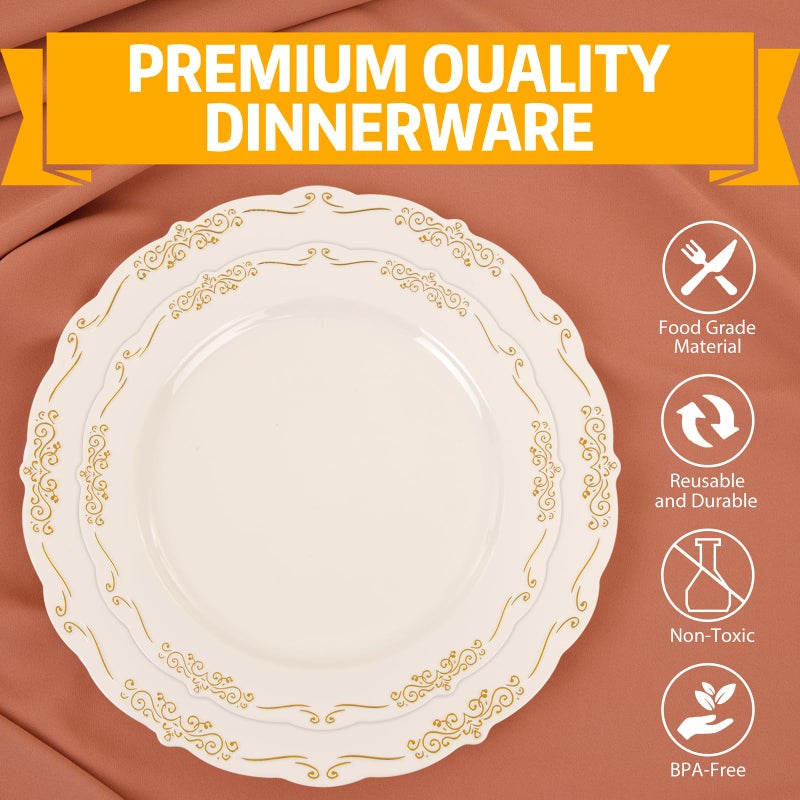 U-QE 100 PCS Ivory Plastic Plates with Gold Rim - Gold Plastic Plates for Party - Heavy Duty Plastic Plates Disposable Use Including 50 Dinner Plates 10 '' & 50 Dessert Plates 7.5 '' - Image 3