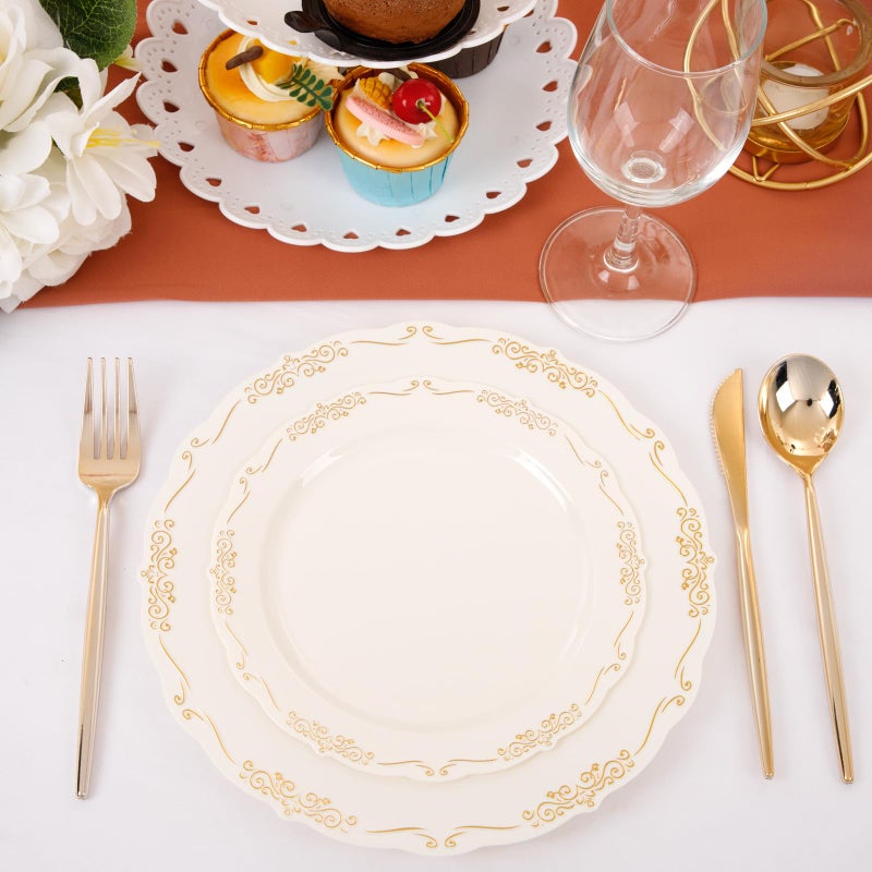 U-QE 100 PCS Ivory Plastic Plates with Gold Rim - Gold Plastic Plates for Party - Heavy Duty Plastic Plates Disposable Use Including 50 Dinner Plates 10 '' & 50 Dessert Plates 7.5 '' - Image 4