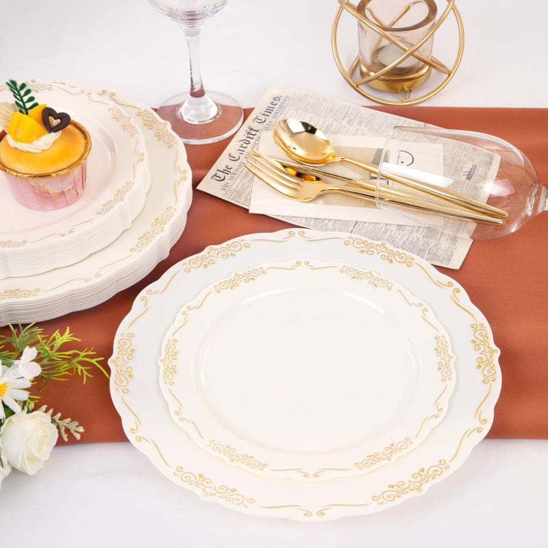 U-QE 100 PCS Ivory Plastic Plates with Gold Rim - Gold Plastic Plates for Party - Heavy Duty Plastic Plates Disposable Use Including 50 Dinner Plates 10 '' & 50 Dessert Plates 7.5 '' - Image 5