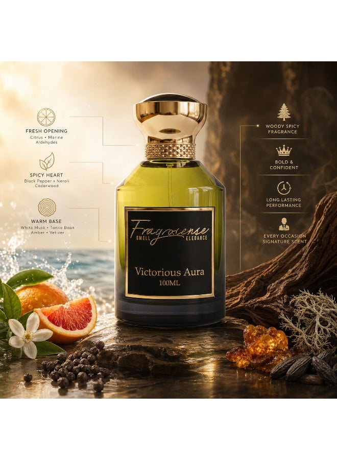 Fragrosense Victorious Aura Men’s Eau de Parfum 100ml - Woody Spicy Fragrance with Citrus Marine Orange Black Pepper Amber Vetiver Notes - Fresh Modern Oriental Scent - Image 2