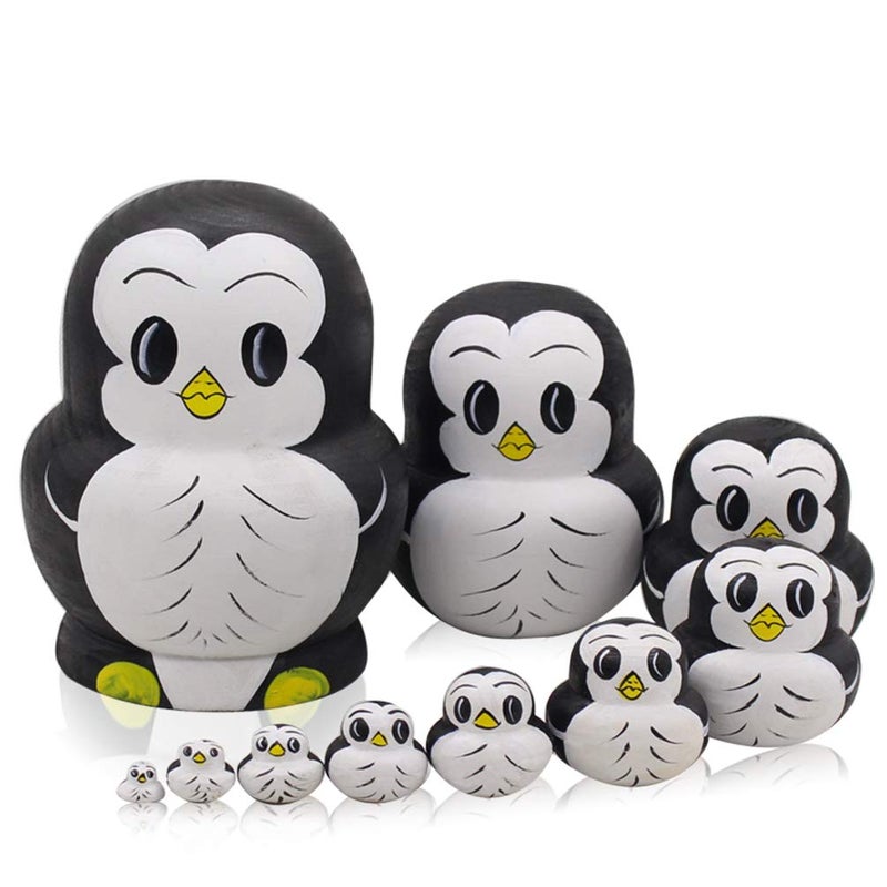 Moonmo 10pcs Animal Pattern Wooden Nesting Toys Russian Nesting Dolls Matryoshka Stacking Dolls Penguin - Image 2