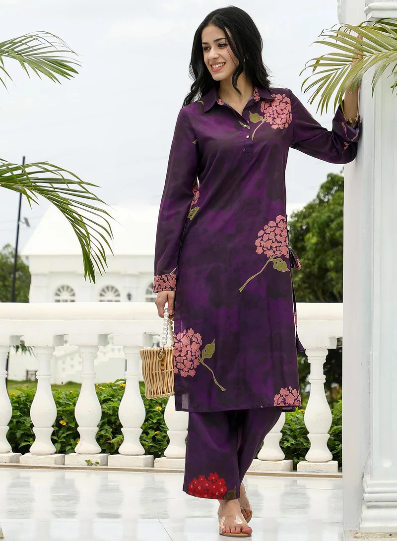  قصة Women's Bloom-Dye Imprint Kurta Set For Ethnic Wear | Spread Collar, Long Cuffed Sleeves | Floral Print Woven Fabric | 2 Piece Kurta Set Designed For Casual & Evening Wear