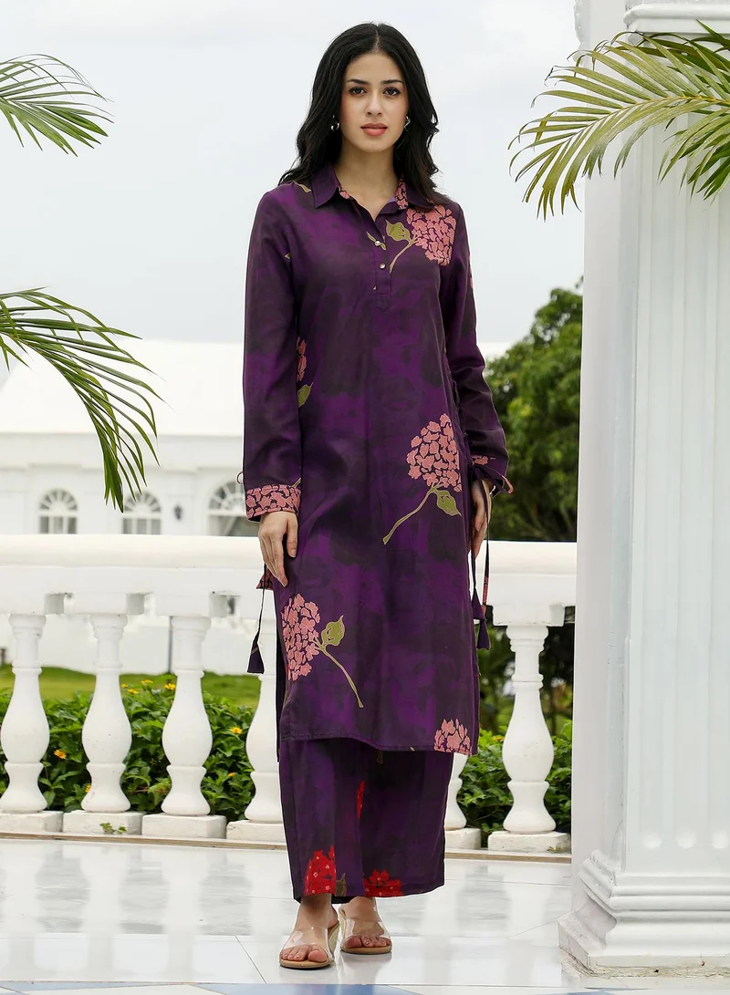  قصة Women's Bloom-Dye Imprint Kurta Set For Ethnic Wear | Spread Collar, Long Cuffed Sleeves | Floral Print Woven Fabric | 2 Piece Kurta Set Designed For Casual & Evening Wear