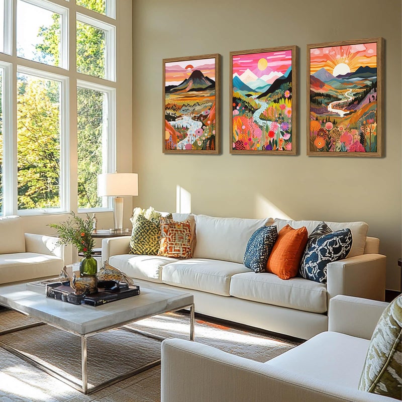 YSGGTR Wood Framed Boho Colorful Landscape Canvas Wall Art Set of 3 - Abstract Mountain Wall Decor Paintings, Nature Floral Poster Prints Aesthetic Home Decor for Living Room Bathroom Bedroom 12x16 inch - Image 2