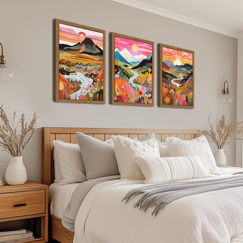 YSGGTR Wood Framed Boho Colorful Landscape Canvas Wall Art Set of 3 - Abstract Mountain Wall Decor Paintings, Nature Floral Poster Prints Aesthetic Home Decor for Living Room Bathroom Bedroom 12x16 inch - Image 3
