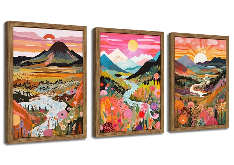 YSGGTR Wood Framed Boho Colorful Landscape Canvas Wall Art Set of 3 - Abstract Mountain Wall Decor Paintings, Nature Floral Poster Prints Aesthetic Home Decor for Living Room Bathroom Bedroom 12x16 inch - Image 1