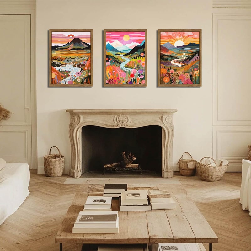 YSGGTR Wood Framed Boho Colorful Landscape Canvas Wall Art Set of 3 - Abstract Mountain Wall Decor Paintings, Nature Floral Poster Prints Aesthetic Home Decor for Living Room Bathroom Bedroom 12x16 inch - Image 5
