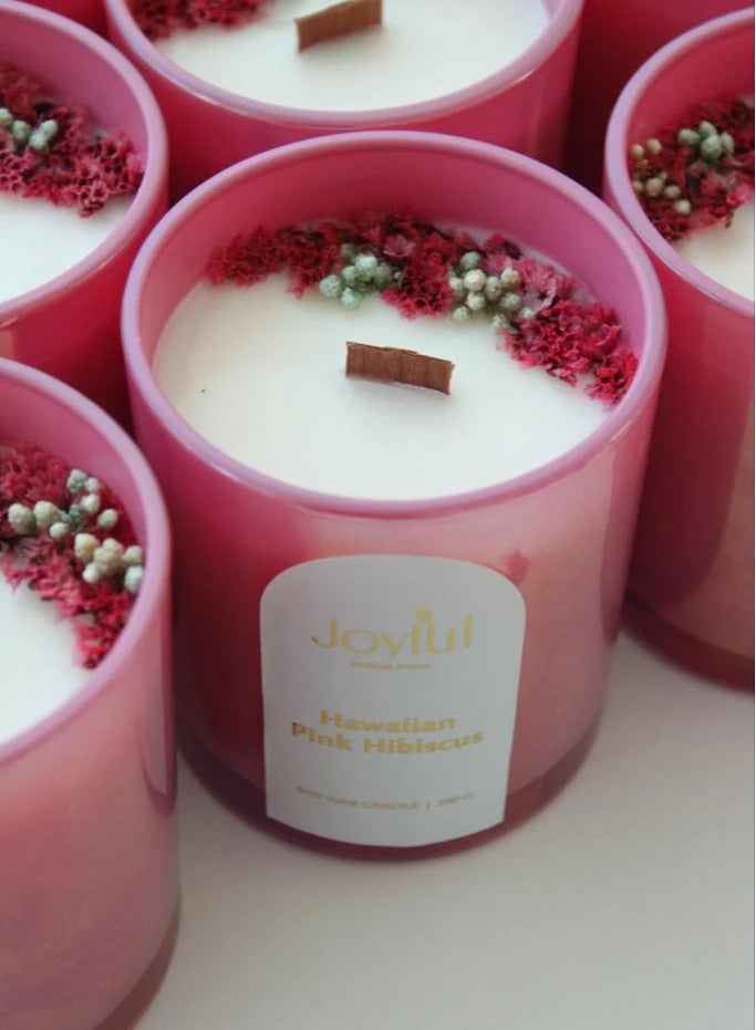 Joyful Hawaiian Pink Hibiscus Candle Jar – Tropical Floral Wax Candle - Image 1