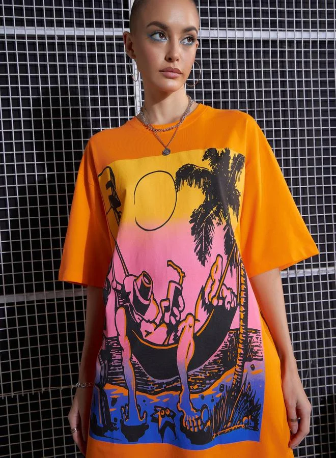 SASSAFRAS Florida Graphic Print Oversized T-Shirt Dress by Styli