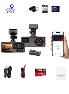 مسجل فيديو رقمي للسيارة بدقة 2K+1K+1K بدقة 1080 بكسل*480 بكسل، 3 عدسات، مستشعر G، تسجيل حلقي، واي فاي، نظام تحديد المواقع العالمي (GPS)، كاميرا خلفية، رؤية ليلية، بطاقة SD مجانية بسعة 64 جيجابايت