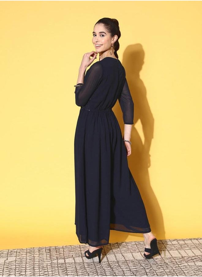 ISHIN Mirror Embroidered 3/4 Sleeves Flared Leg Jumpsuit by Styli  - Image 4