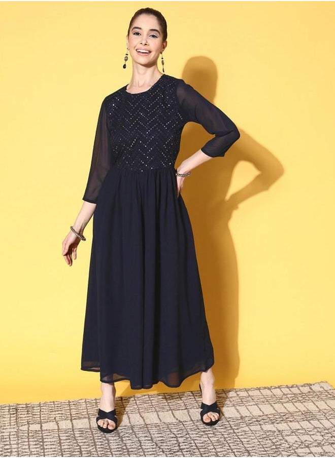 ISHIN Mirror Embroidered 3/4 Sleeves Flared Leg Jumpsuit by Styli  - Image 3
