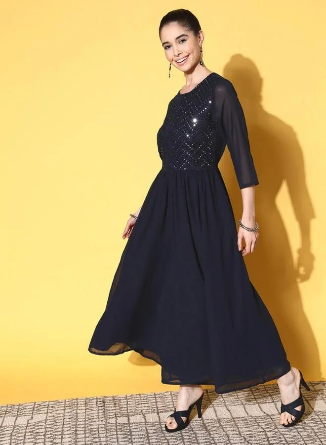 ISHIN Ishin Mirror Embroidered 3/4 Sleeves Flared Leg Jumpsuit