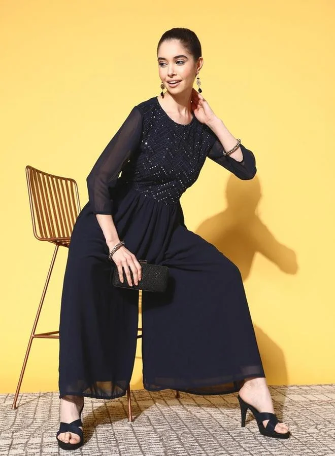 ISHIN Ishin Mirror Embroidered 3/4 Sleeves Flared Leg Jumpsuit